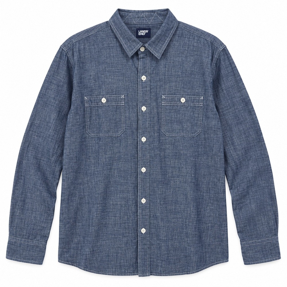 Lands End Mens XXL Blue Chambray Cotton Button Down Shirt Traditional Fit